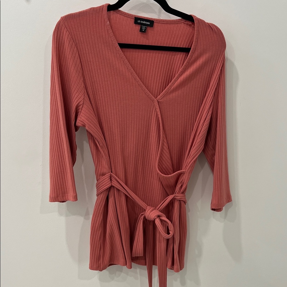 Le Chateau Women's Pink Ribbed Wrap Blouse